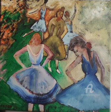 Painting titled "Ballerinas rehearsa…" by Kozar, Original Artwork, Oil Mounted on Wood Stretcher frame