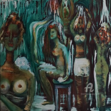Painting titled "red-haired bathers" by Kozar, Original Artwork, Oil Mounted on Wood Stretcher frame