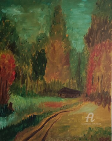 Painting titled "Autumn landscape" by Kozar, Original Artwork, Oil Mounted on Wood Stretcher frame