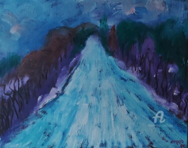 Painting titled "Winter road in the…" by Kozar, Original Artwork, Oil Mounted on Wood Stretcher frame