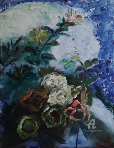 「Winter roses Roses…」というタイトルの絵画 Kozarによって, オリジナルのアートワーク, オイル ウッドストレッチャーフレームにマウント