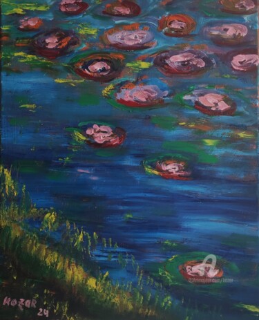 Painting titled "Waterlilies nenupha…" by Kozar, Original Artwork, Oil Mounted on Wood Stretcher frame