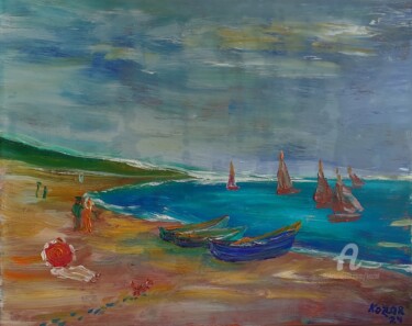Painting titled "seascape paysage ma…" by Kozar, Original Artwork, Oil Mounted on Wood Stretcher frame