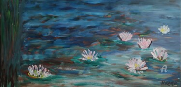 Painting titled "Waterlilies beautif…" by Kozar, Original Artwork, Oil Mounted on Wood Stretcher frame