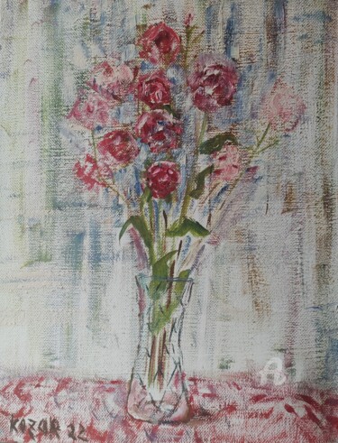 Painting titled "Roses dans un vase…" by Kozar, Original Artwork, Oil Mounted on Wood Stretcher frame