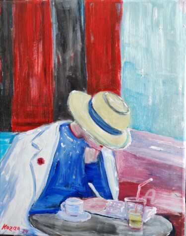 Painting titled "Dame dans un café" by Kozar, Original Artwork, Oil Mounted on Wood Stretcher frame