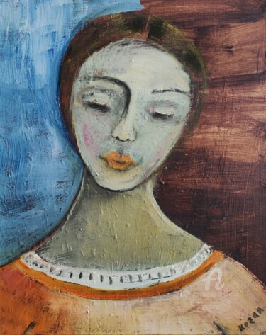 Painting titled "fille timide" by Kozar, Original Artwork, Oil Mounted on Wood Stretcher frame