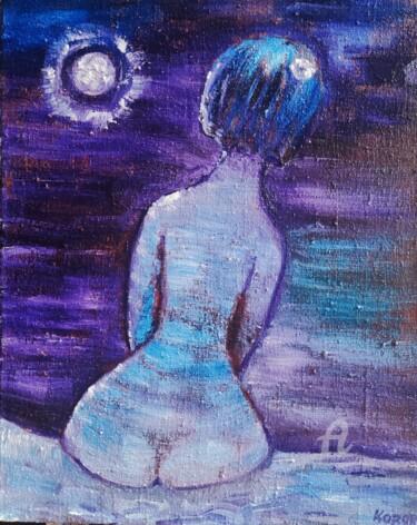 Malarstwo zatytułowany „Nu au clair de lune” autorstwa Kozar, Oryginalna praca, Olej Zamontowany na Drewniana rama noszy