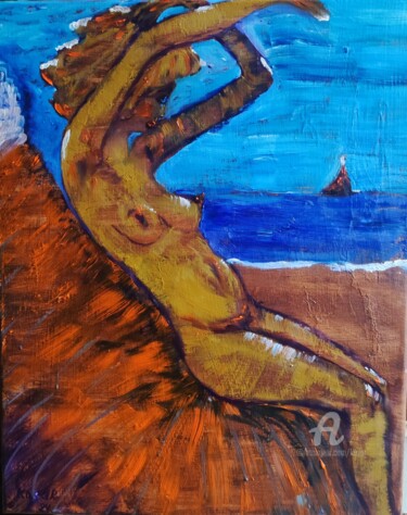 Peinture intitulée "Femme nue en mer" par Kozar, Œuvre d'art originale, Huile