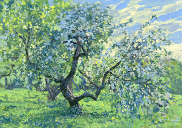 Painting titled "Apple tree in bloom…" by Simon Kozhin, Original Artwork, Oil Mounted on Cardboard
