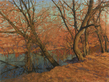 Painting titled "April. Warm evening." by Simon Kozhin, Original Artwork, Oil Mounted on Wood Stretcher frame