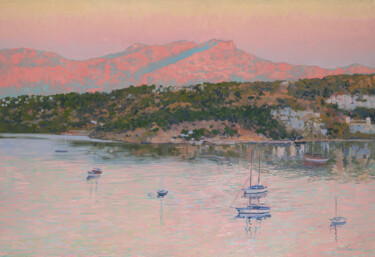 Painting titled "Bodrum.Pink Sunrise." by Simon Kozhin, Original Artwork, Oil Mounted on Wood Stretcher frame