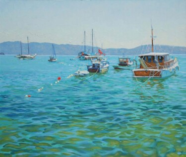Painting titled "Harbour in Bodrum." by Simon Kozhin, Original Artwork, Oil Mounted on Wood Stretcher frame
