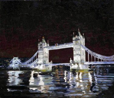 Painting titled "Tower Bridge" by Simon Kozhin, Original Artwork, Oil Mounted on Cardboard