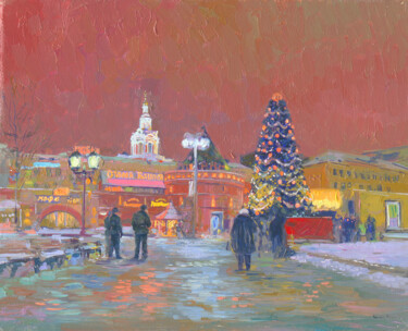 Картина под названием "New Year in Moscow" - Simon Kozhin, Подлинное произведение искусства, Масло