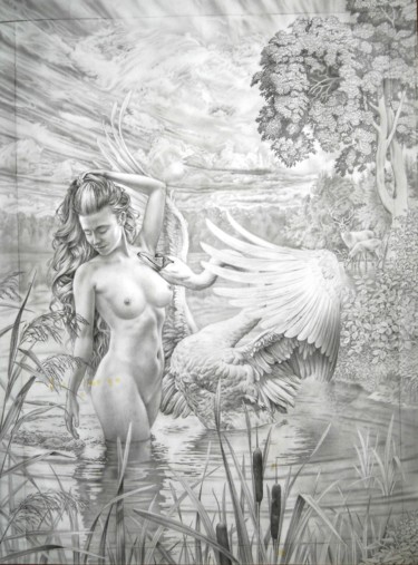 Рисунок под названием "Нимфа и лебедь" - Ярослав Козий, Подлинное произведение искусства, Карандаш