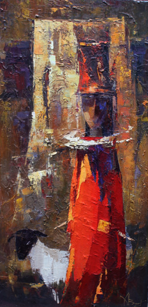 Painting titled "A girl is in red" by Valentina Koziar, Original Artwork, Oil Mounted on Wood Stretcher frame