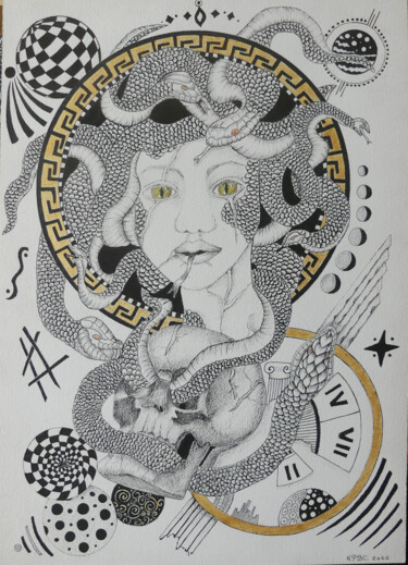 Drawing titled "Hypnotic médusa" by Kpbc, Original Artwork, Ink