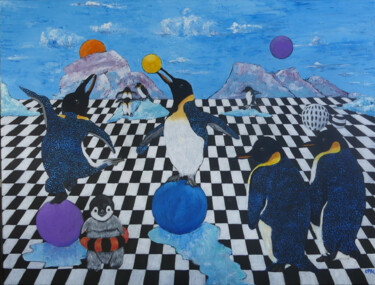 Painting titled "Pingouins entre jeu…" by Kpbc, Original Artwork, Acrylic Mounted on Wood Stretcher frame