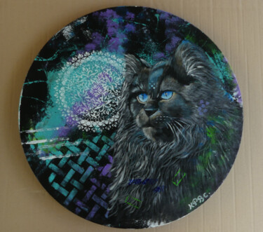 Painting titled "Chat en bleu" by Kpbc, Original Artwork, Acrylic Mounted on Wood Stretcher frame