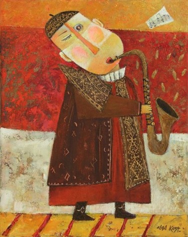 Painting titled "Zloty saksofonista" by Olga Kost, Original Artwork