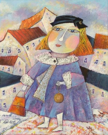 Painting titled "Lady with Bag" by Olga Kost, Original Artwork