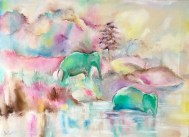 Картина под названием "Green elephants" - Julia Krasnova, Подлинное произведение искусства, Масло
