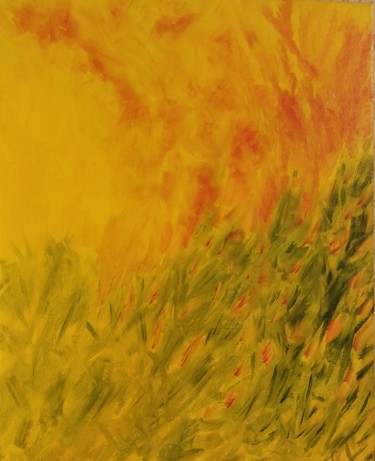 Painting titled "Tulips on fire" by Krasimir Krasovich, Original Artwork, Oil Mounted on Wood Stretcher frame
