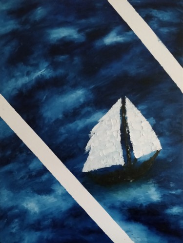 Painting titled "Ocean and boat" by Krasimir Krasovich, Original Artwork, Oil Mounted on Wood Stretcher frame