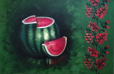 Painting titled "Watermelon with orn…" by Nina Fedotova, Original Artwork, Oil
