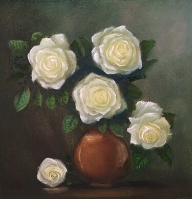 Schilderij getiteld "White roses" door Nina Fedotova, Origineel Kunstwerk, Olie