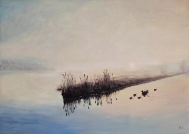 Painting titled "sunrise on the lake" by Nina Fedotova, Original Artwork, Oil