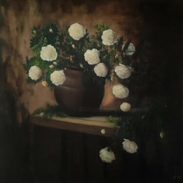 Painting titled "White roses for you" by Nina Fedotova, Original Artwork, Oil