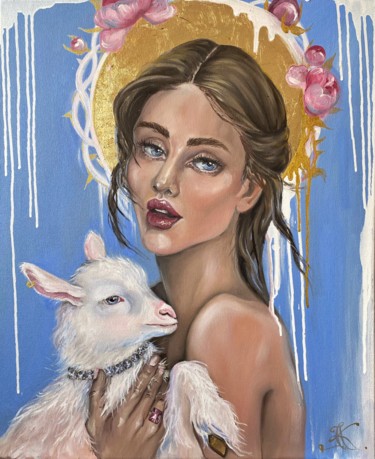Картина под названием "Blessed lamb" - Ksenia Kravtsova, Подлинное произведение искусства, Масло Установлен на Деревянная ра…