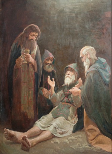 Pintura intitulada "Mort bénie du vénér…" por Dmitry Krebs, Obras de arte originais, Óleo Montado em Armação em madeira