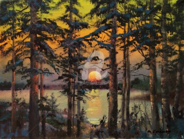 Painting titled "Sunset on the lake" by Mark Kremer, Original Artwork