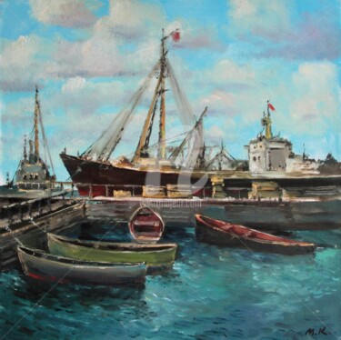 Pintura intitulada "Seiner boat in wharf" por Mark Kremer, Obras de arte originais, Óleo