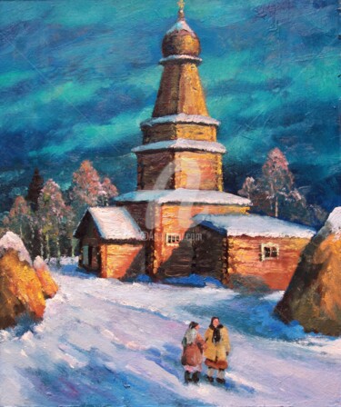 Картина под названием "Village church" - Mark Kremer, Подлинное произведение искусства, Масло