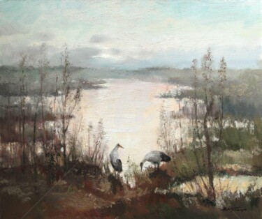 Painting titled "Lake. Cranes" by Mark Kremer, Original Artwork, Oil