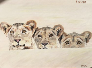 Peinture intitulée "Les 3 lionceaux" par Krikor Simonian, Œuvre d'art originale, Huile