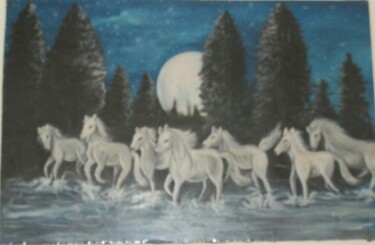 Peinture intitulée "Running horses in m…" par Krishna Art Gallery, Œuvre d'art originale, Huile