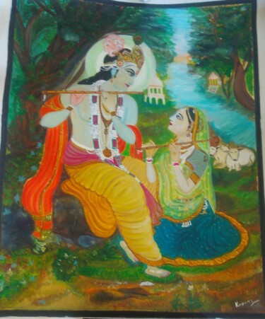 Schilderij getiteld "Radhey Krishna" door Krishna Art Gallery, Origineel Kunstwerk, Olie