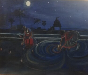 绘画 标题为“Diya lighting in br…” 由Krishna Art Gallery, 原创艺术品, 油
