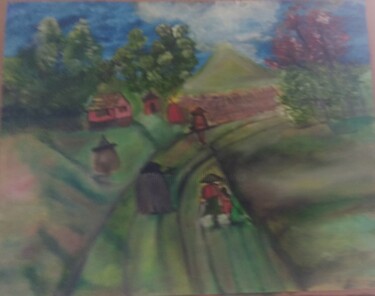 Pintura intitulada "Nipa hut of farmers…" por Krishna Art Gallery, Obras de arte originais, Óleo