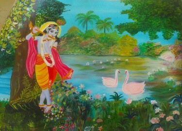 Schilderij getiteld "Krishna playing flu…" door Krishna Art Gallery, Origineel Kunstwerk, Olie