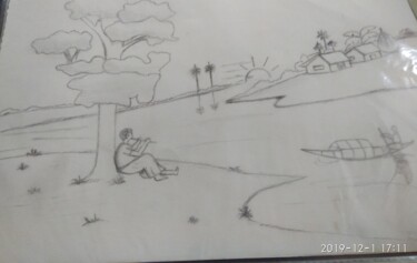 Drawing titled "Village scenic beau…" by Krishna Art Gallery, Original Artwork, Pencil