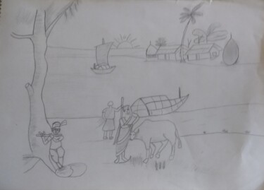 Drawing titled "Village morning sce…" by Krishna Art Gallery, Original Artwork, Pencil