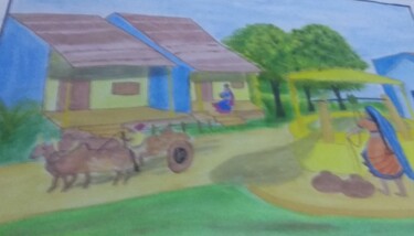 Painting titled "Village" by Krishna Art Gallery, Original Artwork, Watercolor