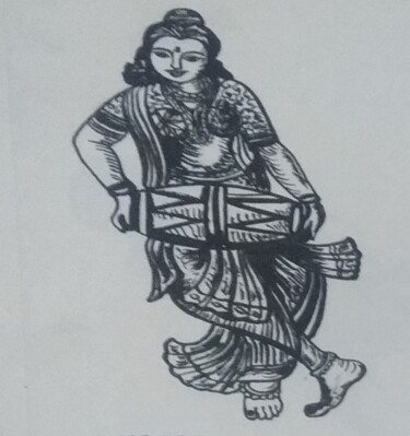 Drawing titled "Lady with mridangam" by Krishna Art Gallery, Original Artwork, Ink