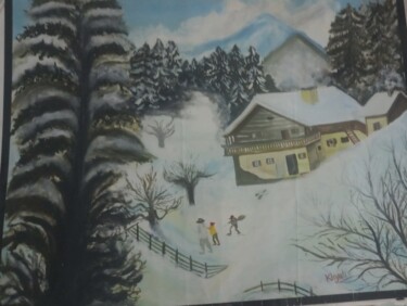 Schilderij getiteld "Play in snow" door Krishna Art Gallery, Origineel Kunstwerk, Olie